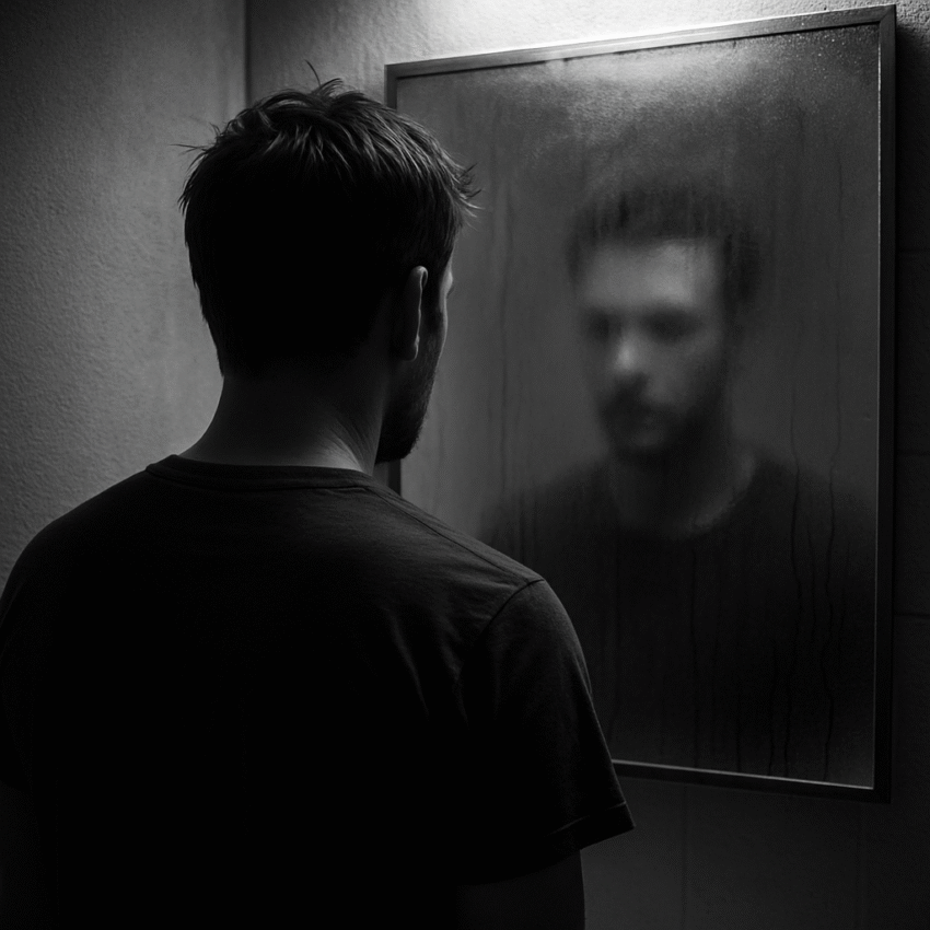 silhouette d’un homme devant un miroir embué, reflet flou, photo en noir et blanc symbolisant l’identité trouble et la place incertaine de l’homme moderne