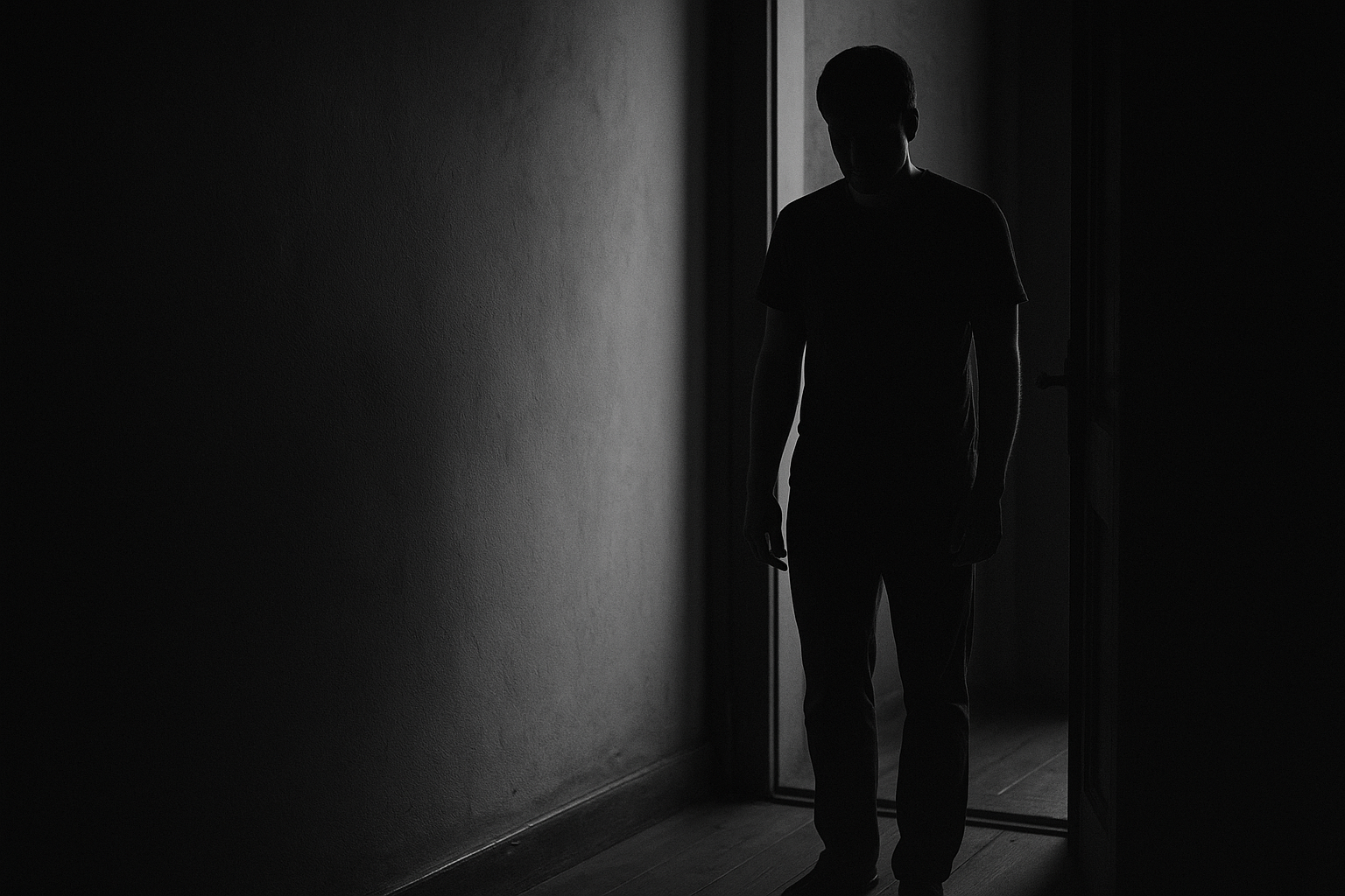 silhouette d’un homme debout dans l’embrasure d’une porte, moitié dans l’ombre et moitié dans la lumière, photo en noir et blanc, symbolisant l’hésitation et la peur de s’ouvrir à nouveau
