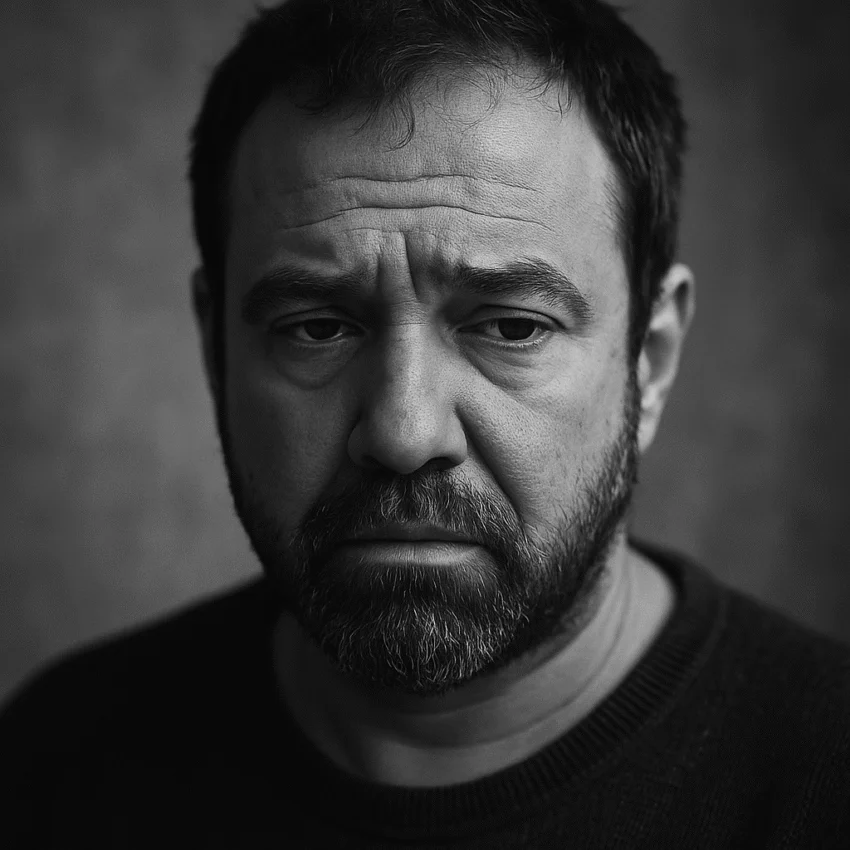 gros plan d’un homme au regard fatigué en noir et blanc, exprimant la vulnérabilité masculine et le poids du silence