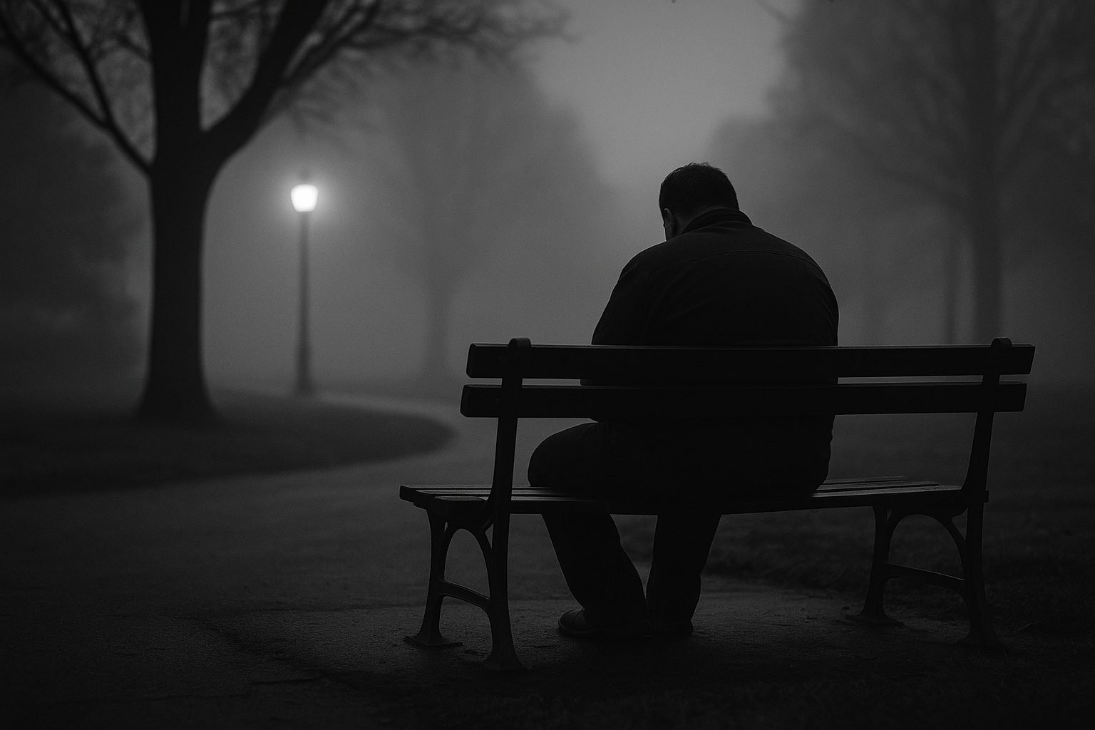homme seul assis sur un banc dans un parc au crépuscule, photo en noir et blanc, atmosphère brumeuse et mélancolique, symbole de solitude et d’introspection