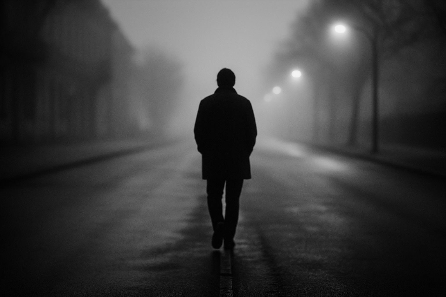 personne seule s’éloignant sur une rue déserte à l’aube, photo en noir et blanc, atmosphère brumeuse et mélancolique, symbole de l’oubli et du passage du temps
