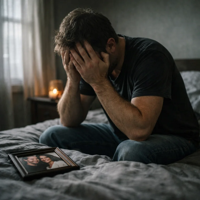 Homme assis sur un lit, la tête dans les mains, avec une photo de couple posée devant lui, exprimant la peine et la perte d’un être aimé.