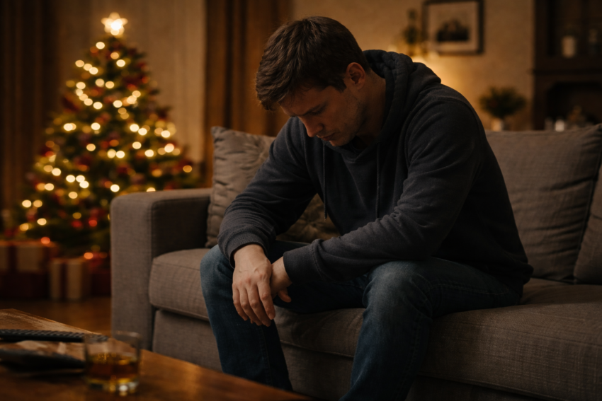 Homme assis seul dans un salon faiblement éclairé, la tête baissée, avec un sapin de Noël flou en arrière-plan, reflétant la solitude pendant le temps des Fêtes.